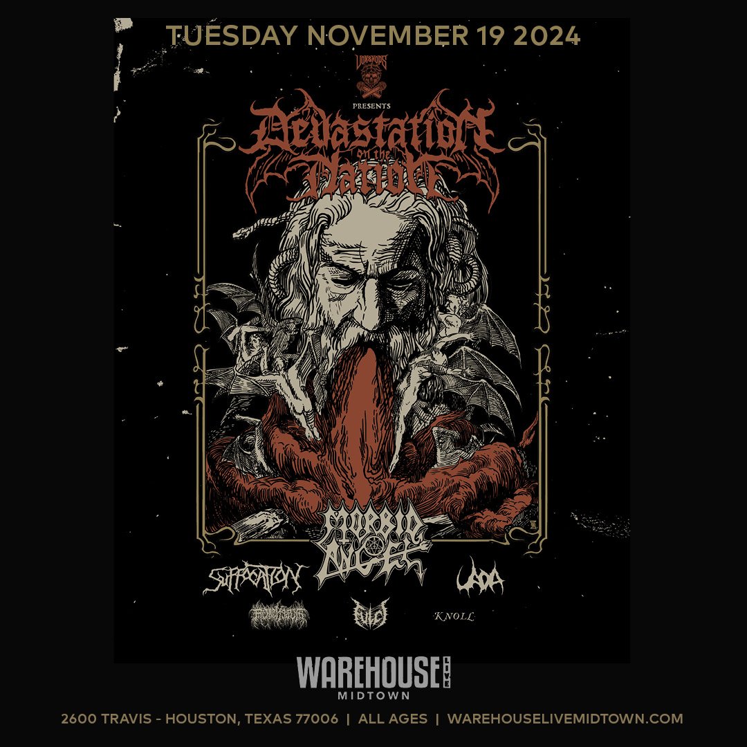 ‼ Now Announcing @devastationonthenation Tour coming to Houston Tuesday November 19th. Tickets go on sale Friday 5/3 Come see these bands:
@officialmorbidangel @suffocationofficial @voxandhops @uada_official @mortiferum.official @fulcicult @knollgrin
