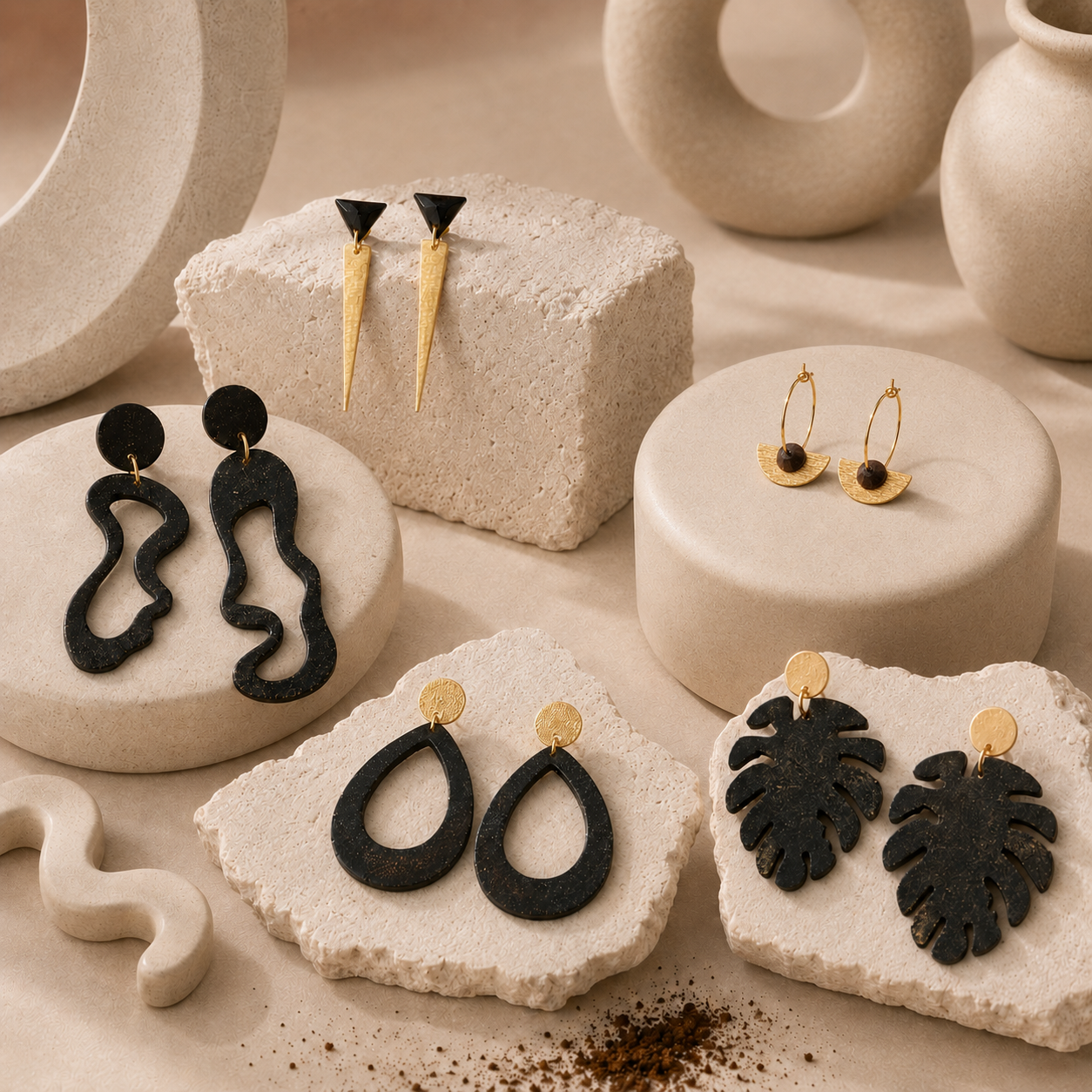 5 pairs of coffee jewellery earrings from Atelier Cayelle, made with recycled coffee grounds in Melbourne, Australia.
