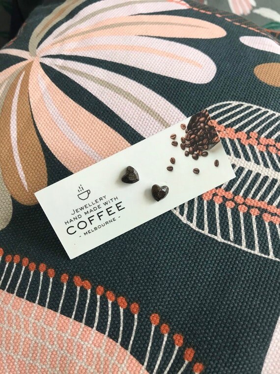 Tiny earrings mini heart Recycled coffee ground Nickel-free