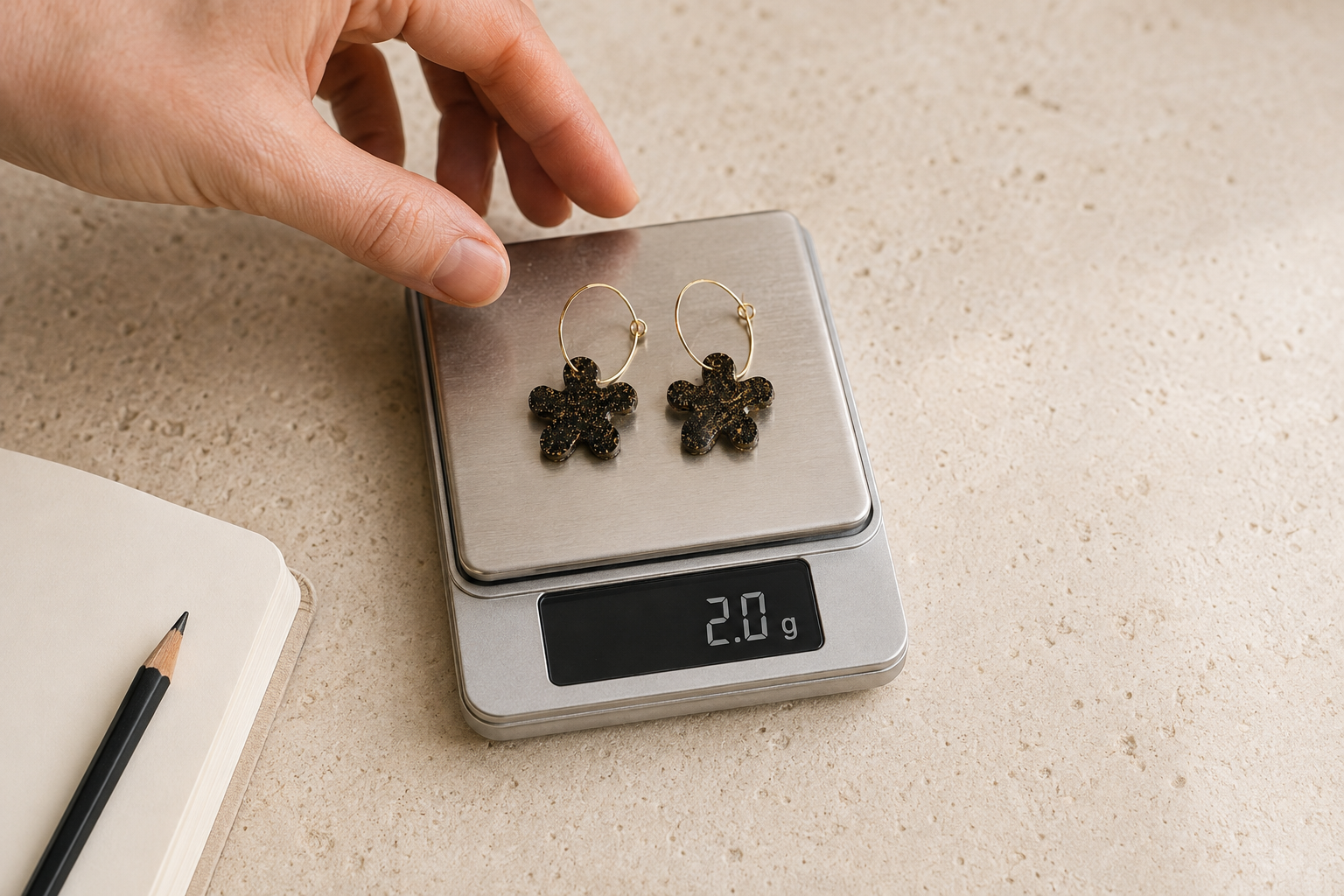 Flowers coffee-stone hoop earrings on a digital jewellery scale reading 2.0 g per pair.