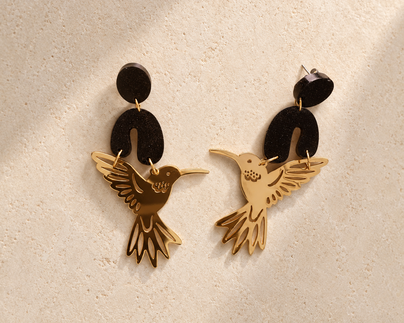 Hummi hummingbird statement earrings with dark coffee-stone elements and gold-plated bird drops, handmade in Melbourne by Atelier Cayelle
