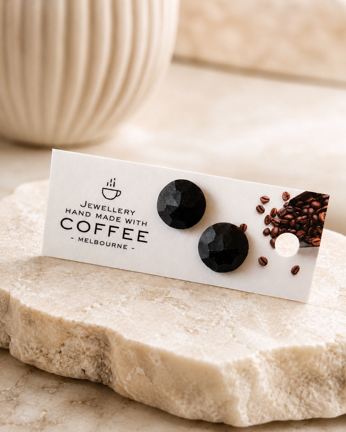 Ristretto stud earrings by Atelier Cayelle on a jewellery card, handmade in Melbourne from recycled coffee grounds and real gold powder.