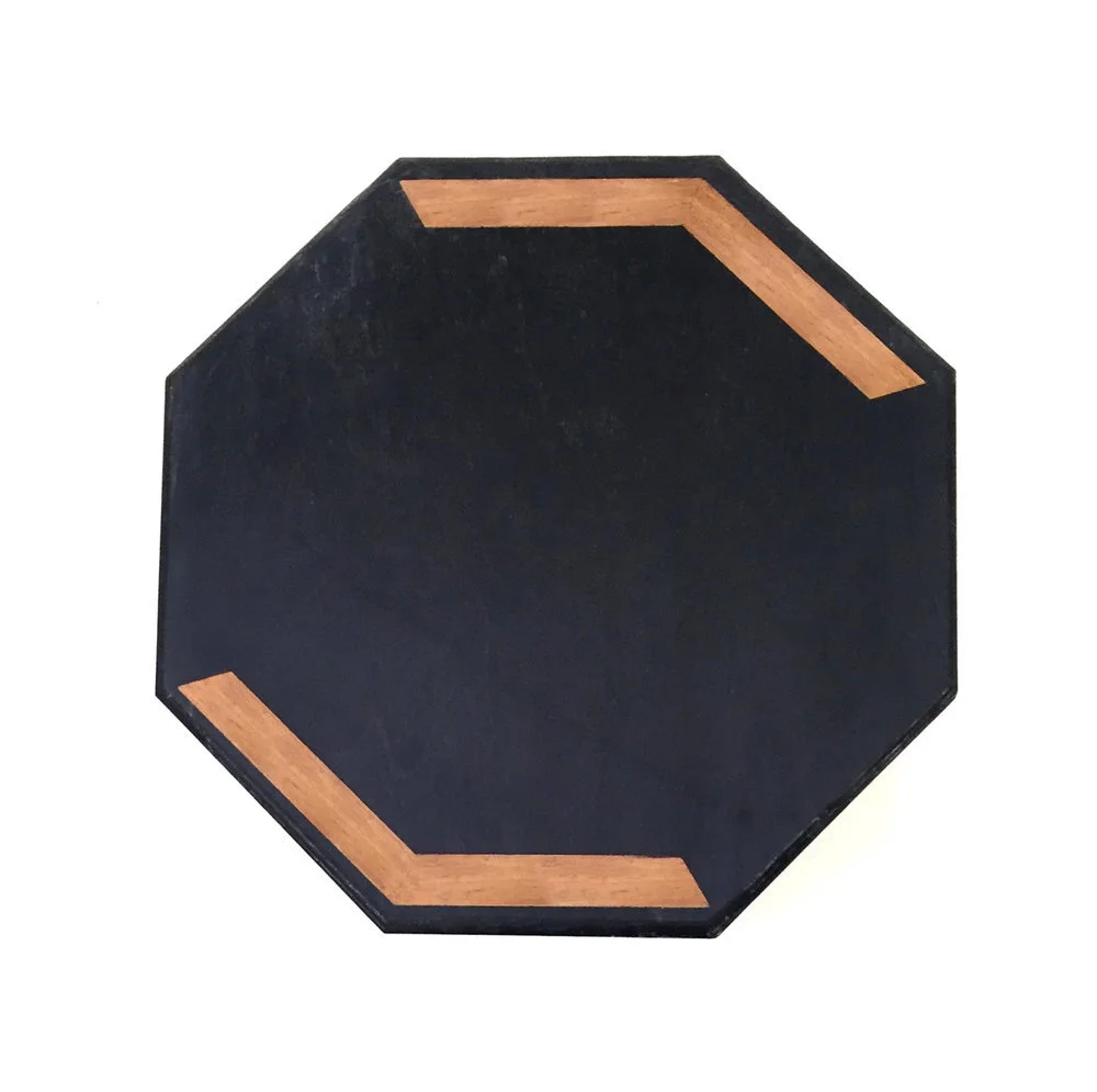 Octagonal black tabletop with two wooden inlay accents on opposing sides, made with recycled coffee ground. Atelier Cayelle. Marie lefebvre. Melbourne