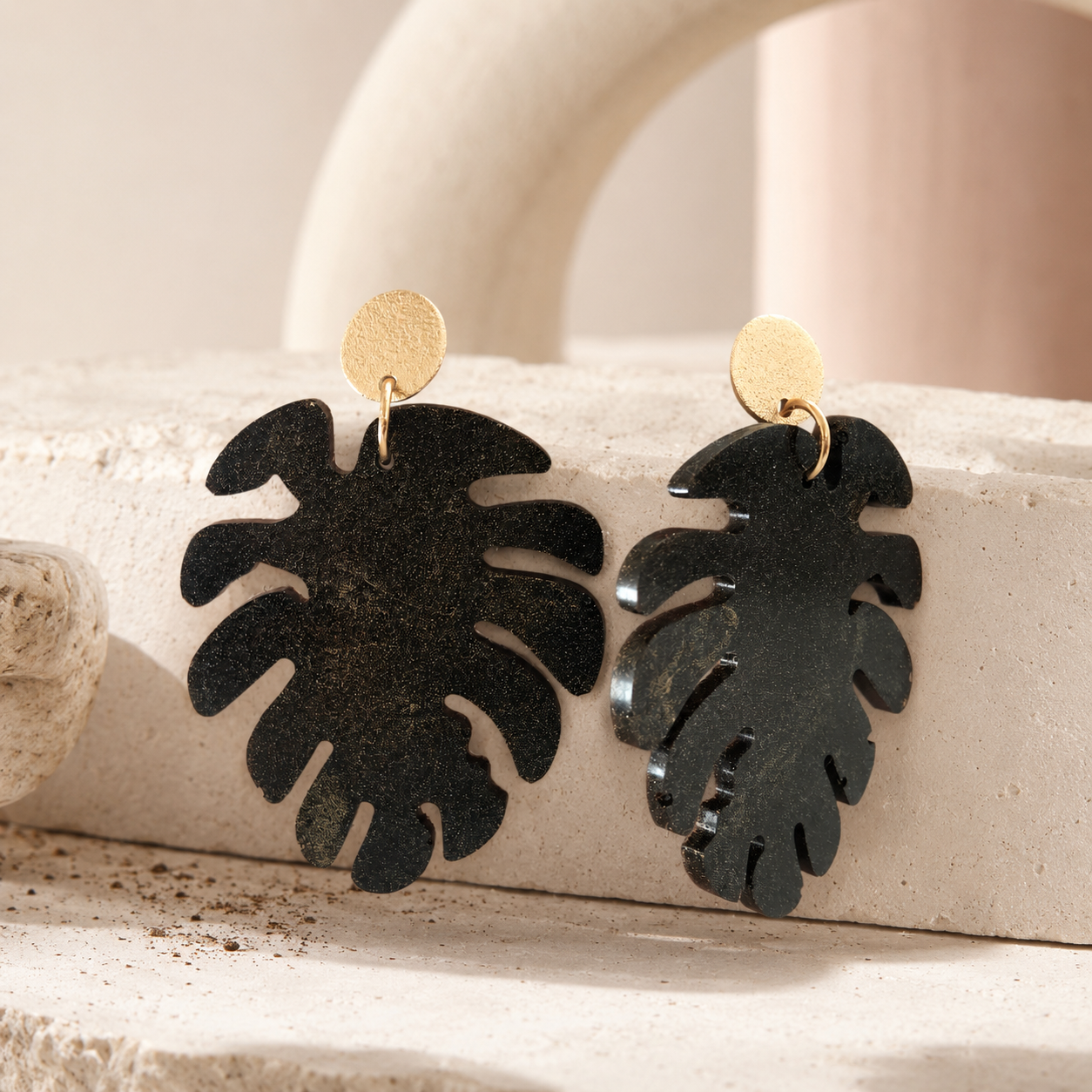 18K Gold plated monstera earrings made with recycled coffee ground