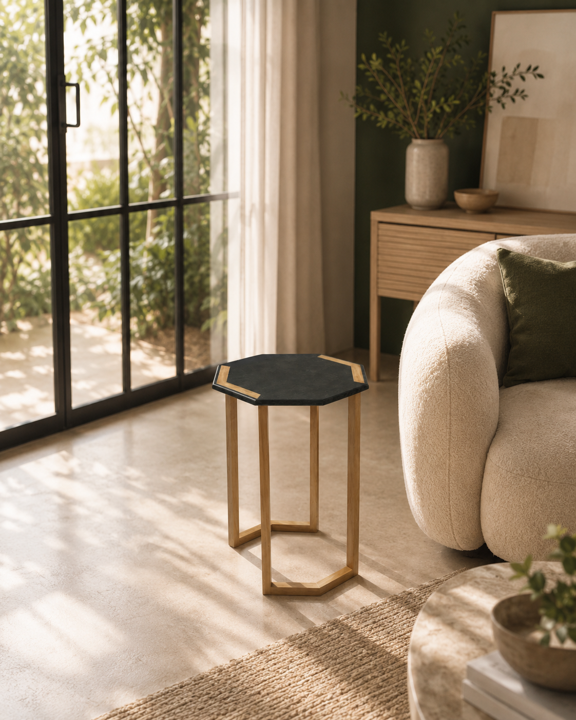 Emerging designer Marie Lefebvre Melbourne made Coffee table presented in a luminous home in Toorak. The table top is made of recycled coffee grounds and presents Oak inlays and legs.