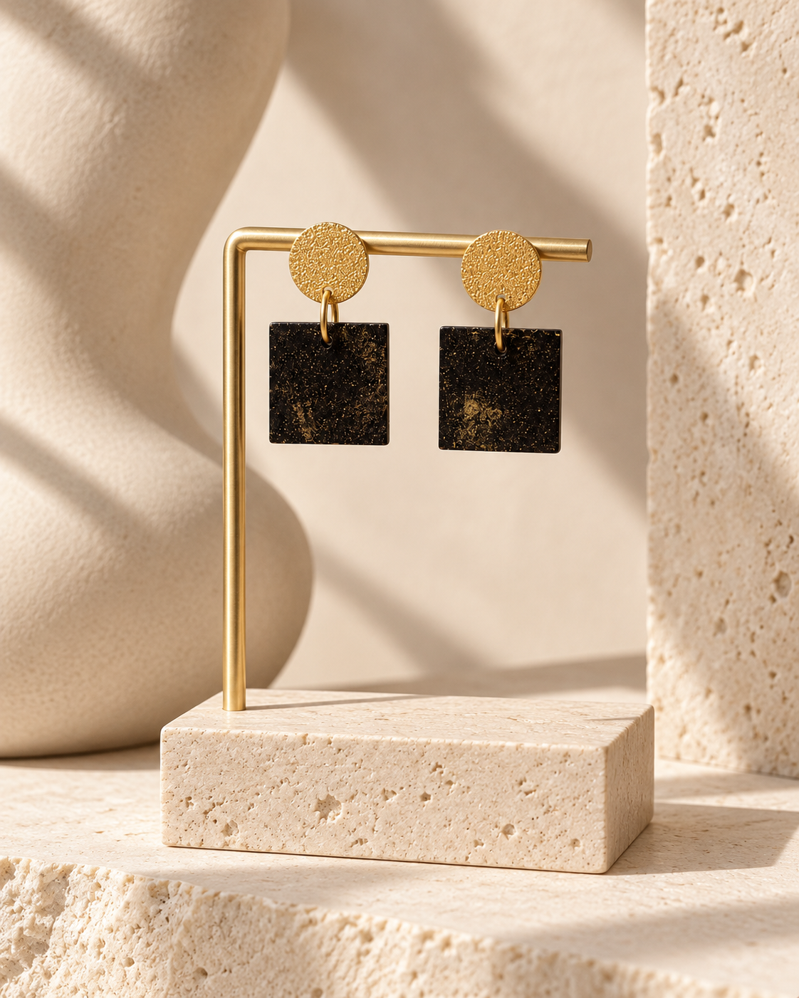 Marie coffee-stone square earrings with textured 18K gold-plated round studs, displayed on a gold jewellery stand.