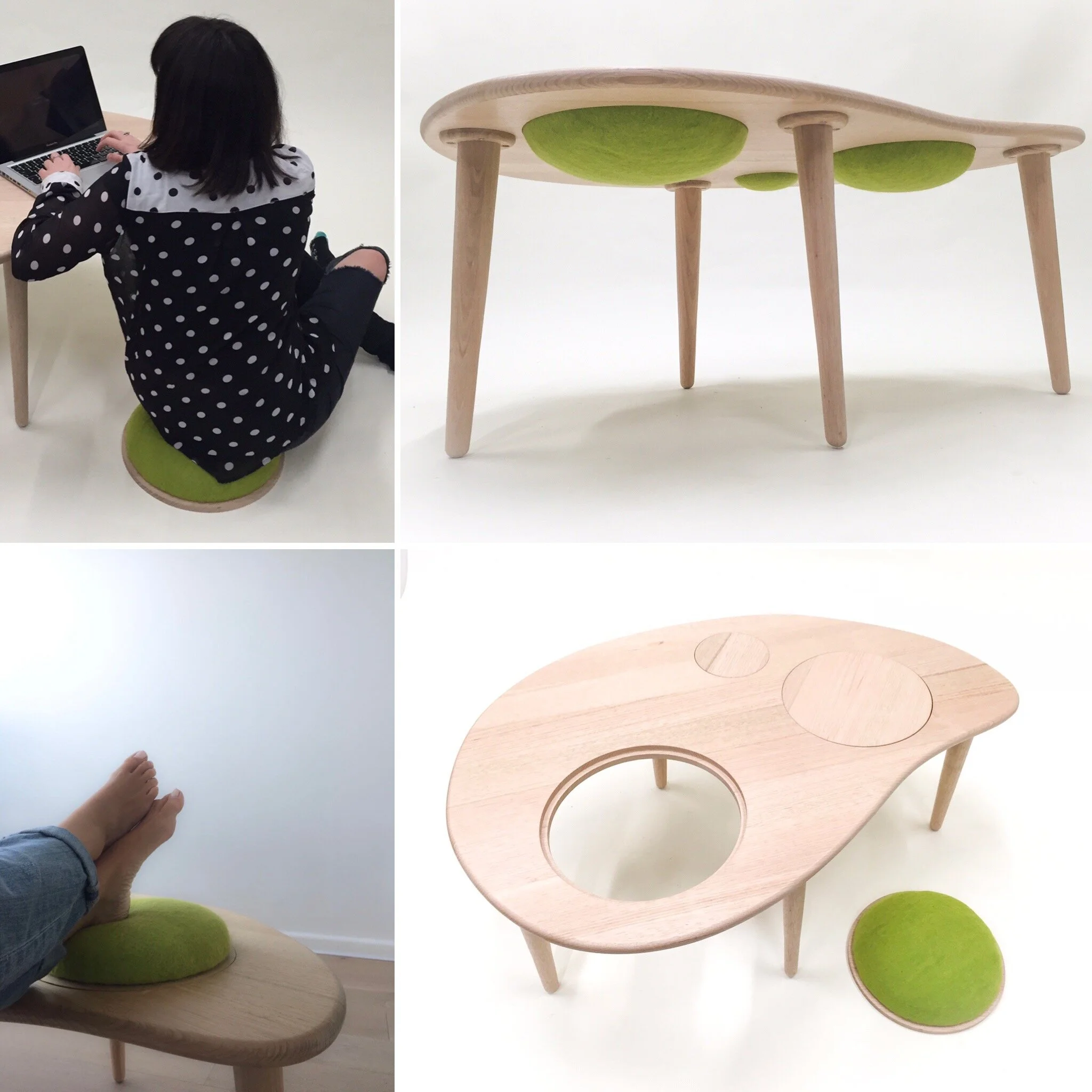 Collage of a modular wooden table and cushion set. Top left shows a person seated with a laptop using a cushion, top right displays the table's side view, bottom left highlights feet on a cushion, bottom right shows the table's top with removable rou