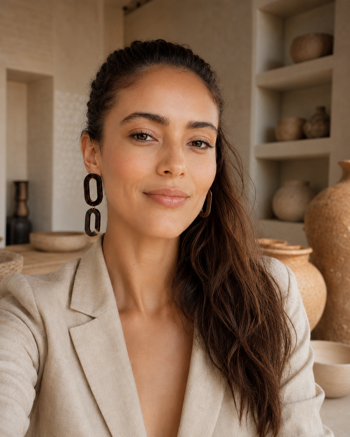 Model wearing Links asymmetrical statement earrings, lightweight Australian-made jewellery handcrafted from recycled coffee grounds.