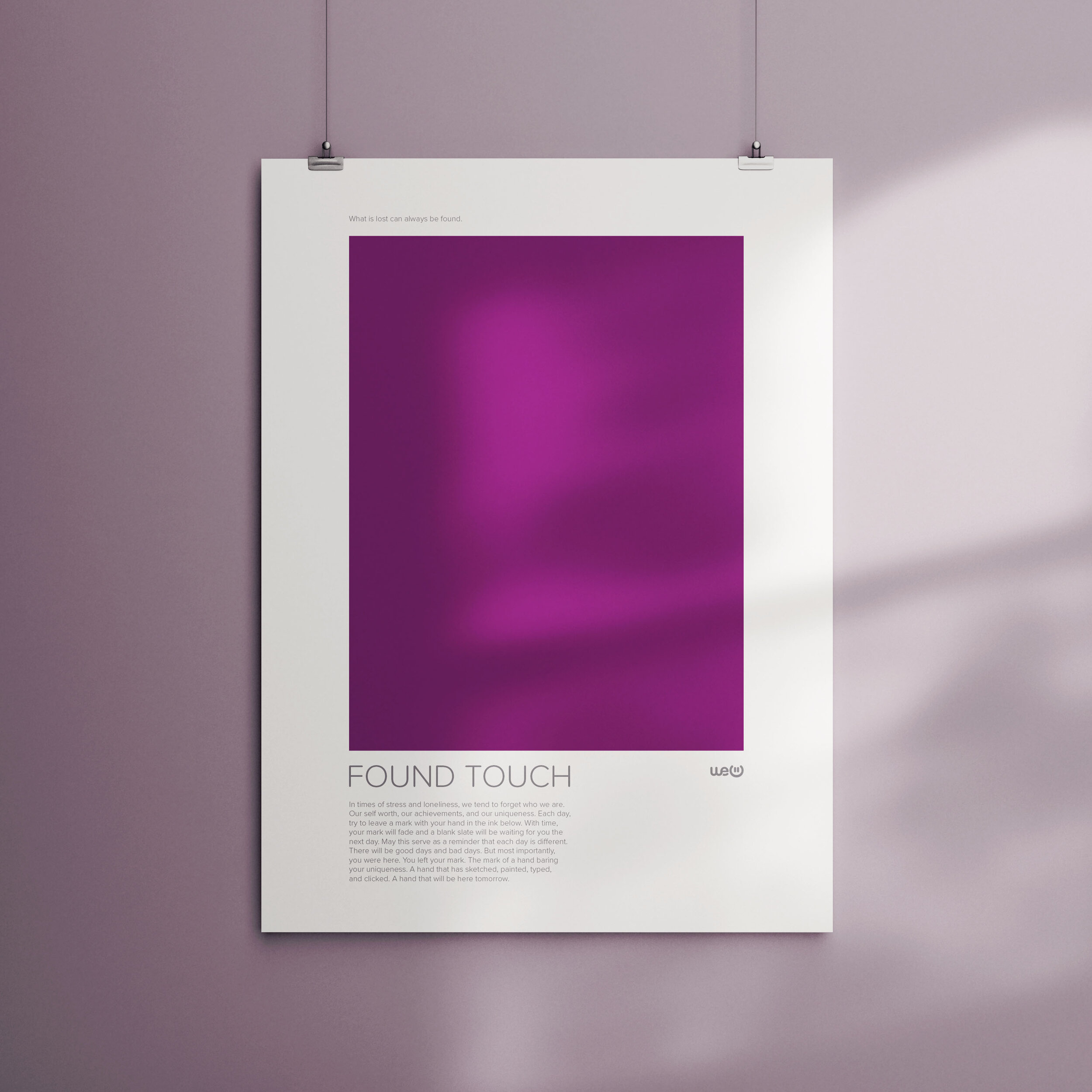 FOUND TOUCH, Screen Print. This piece is a screen print aiding the book FOUND TOUCH.
It uses thermochromic inks which respond to heat by changing colour. It aims to further help
re-connect creatives back to the physical world. And ground, or even d