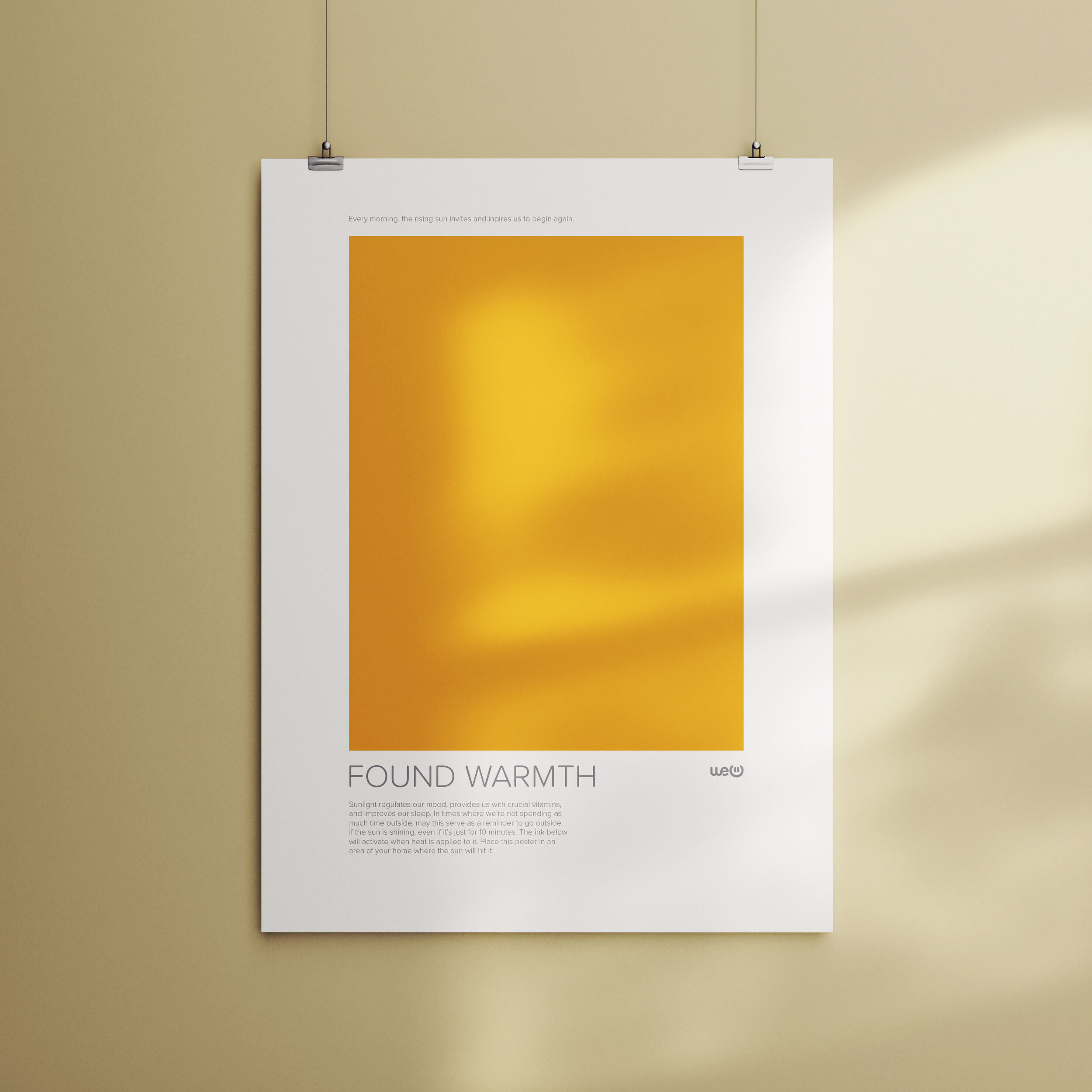 FOUND WARMTH, Screen Print. This piece is a screen print aiding the book FOUND TOUCH.
It uses thermochromic inks which respond to heat by changing colour. It aims to serve as a reminder to take a break and go outside whenever the sun is shining.