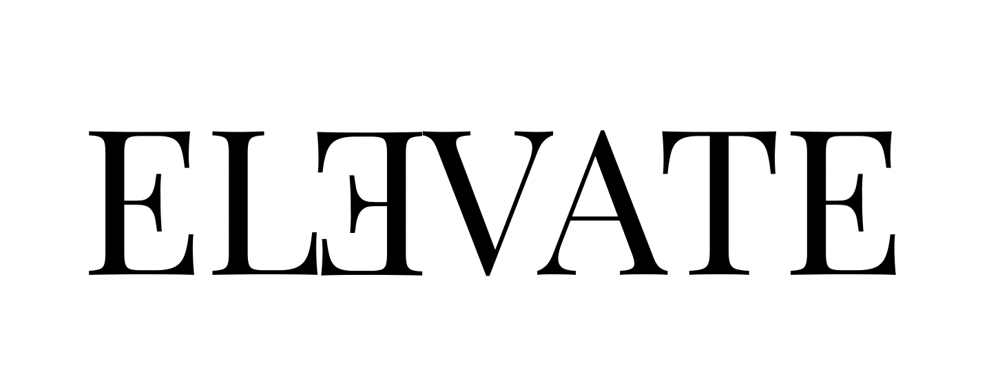 Schriftzug mit dem Wort 'ELEVATE' in großen, schwarzen Buchstaben auf weißem Hintergrund.