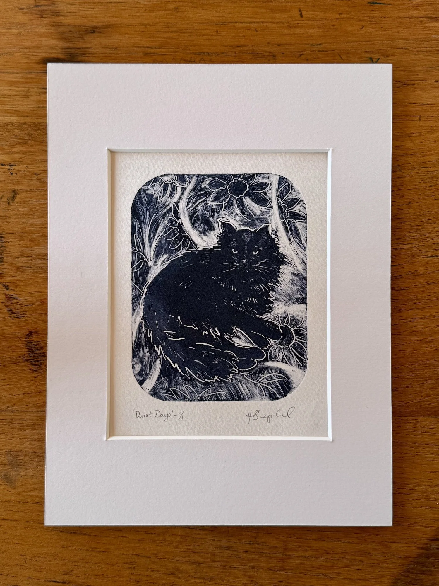 Duvet Days - Original Monotype Cat Print