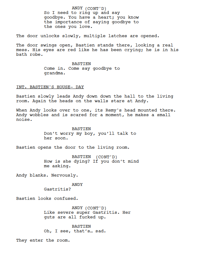 Two page comedy scene from my feature "Love Smacked". (Context- Andy is pretending to ring his dying grandma, while really looking for a kidnapped dog- Pepe)