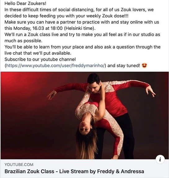 Hello Dear Zoukers!
In these difficult times of social distancing, for all of us Zouk lovers, we decided to keep feeding you with your weekly Zouk dose!!!
Make sure you can have a partner to practice with and stay online with us this Monday, 16.03 at