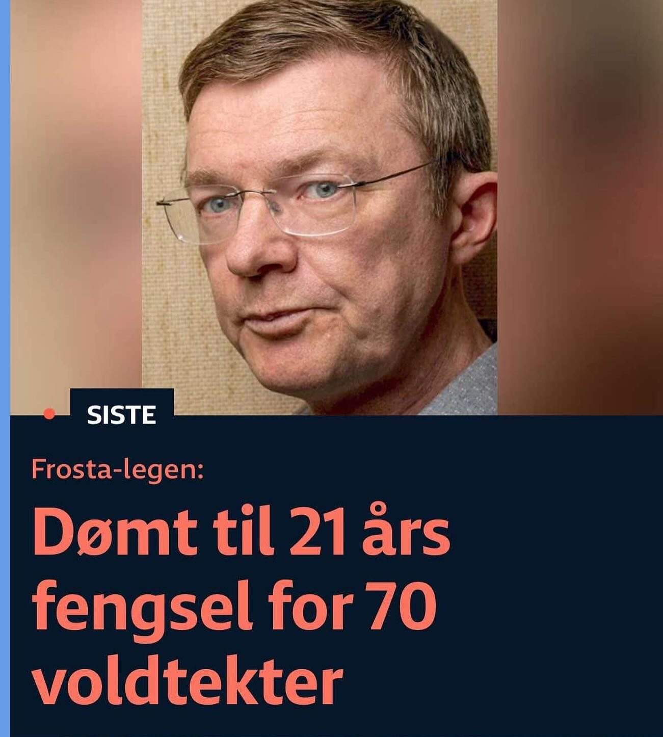 🔥I dag ble dommen i saken mot Arne Bye, legen fra Frosta, kunngjort. Han fikk lovens strengeste straff, 21 &aring;r. Saken har rystet b&aring;de lokalsamfunnet og landet v&aring;rt. 

Arne Bye var tiltalt for &aring; ha utsatt 94 kvinner for overgre