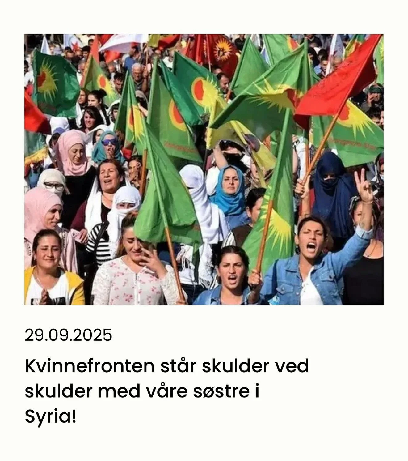 ✊💜 Solidaritet med kvinnene i Syria

Uttalelsen ble vedtatt av Kvinnefrontens landsstyre s&oslash;ndag 28. september.

Kvinnefronten st&aring;r skulder ved skulder med v&aring;re s&oslash;stre i Syria.

Over 600 kvinner fra ulike etniske og religi&o