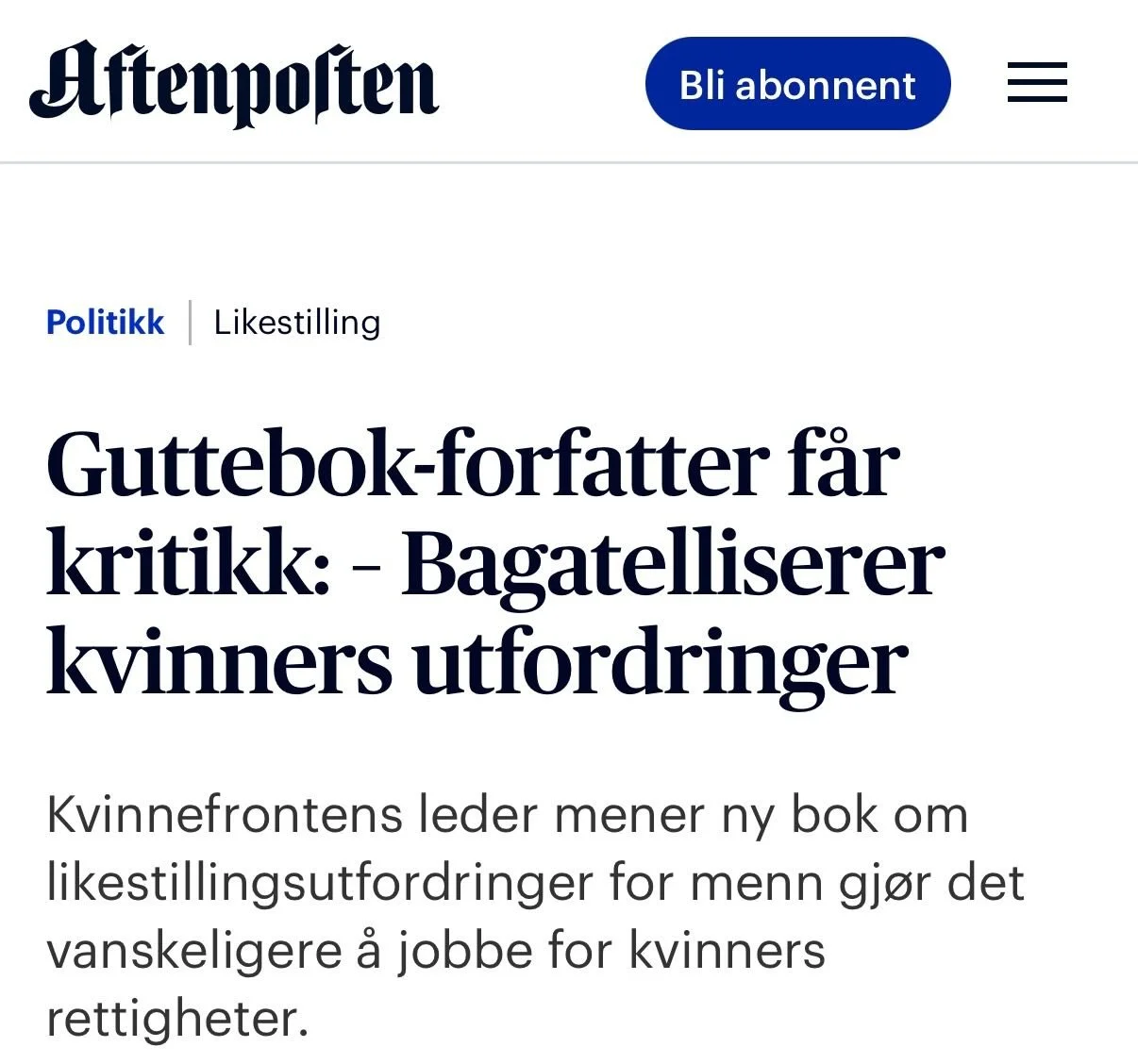 ✊Kvinner er ikke i m&aring;l. Men det er det noen som vil at vi skal tro.

I Aftenposten i dag kommenterer Kvinnefrontens leder Cathrine Linn Kristiansen den nye boka Gutta. Den f&oslash;yer seg inn i et stadig mer utbredt narrativ: at menn er de nye