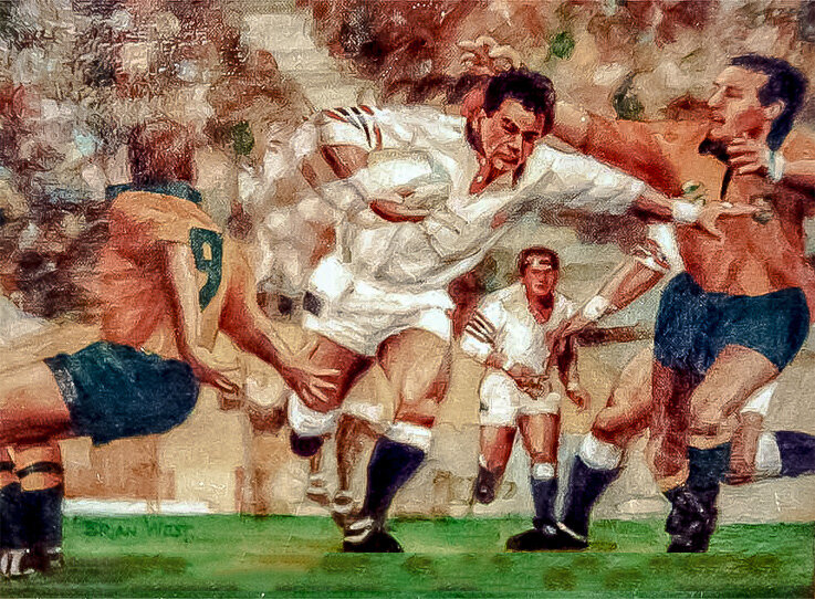 WILL CARLING bursts between Nick Farr-Jones &amp; David Campese, watched by Brian Moore. 