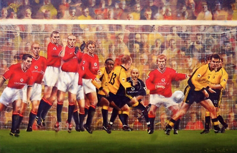 Commissioned by Danny Murphy and depicting ‘that free-kick’ at Old Trafford for Liverpool v Man United that beat keeper Barthez and the red wall.