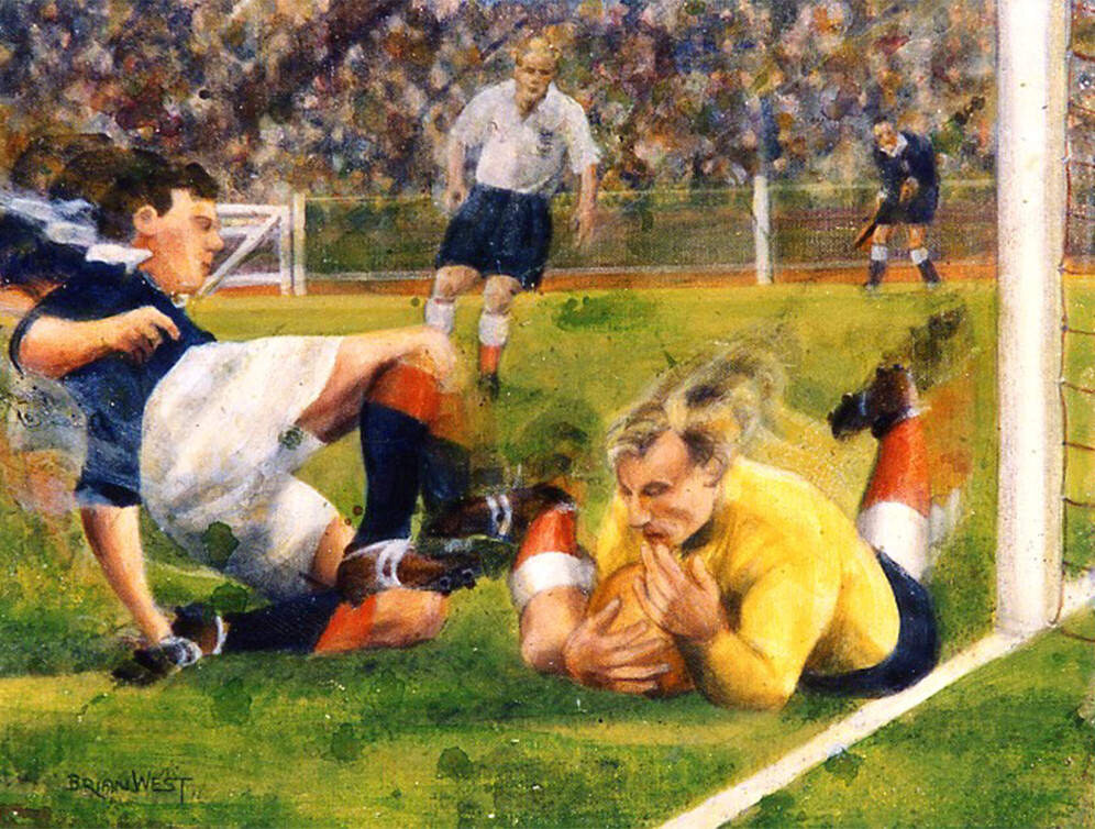 ENGLAND 7   SCOTLAND 2 at Wembley 1955. Williams saves from Reilly, watched by Wright.
