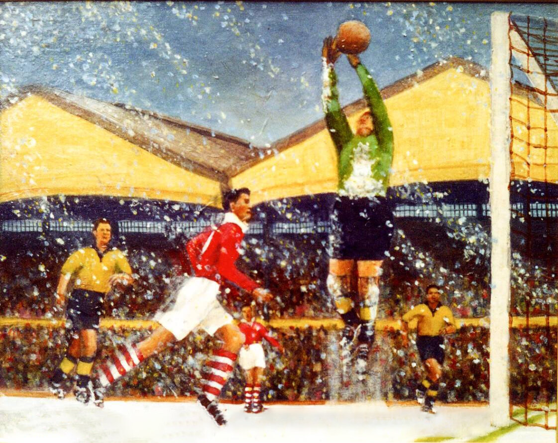WOLVES v CHARLTON AT SNOWY MOLINEUX 1955.  Williams deals with a cross as Hewie runs in, watched by Slater &amp; Stuart.
