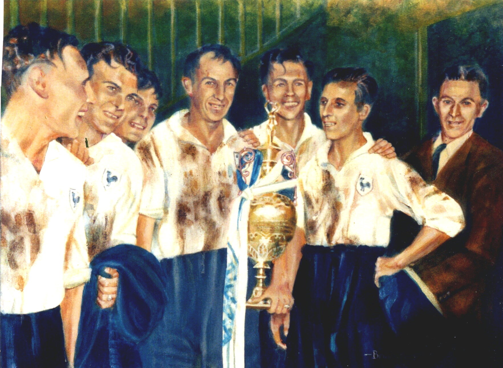 SPURS DRESSING ROOM WITH CUP 1951, 1st Division Champs on the roll from Division 2        l-r: Medley, Walters, Willis, Burgess, Murphy, Baily &amp; Cecil Poynton.