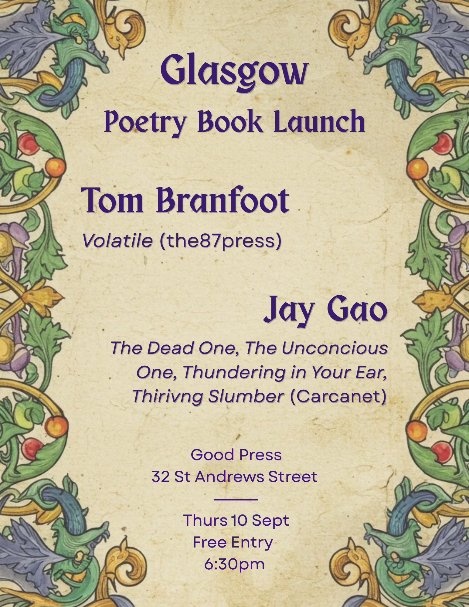Poetry Book Launch: Tom Branfoot and Jay Gao at Good Press Books, Glasgow