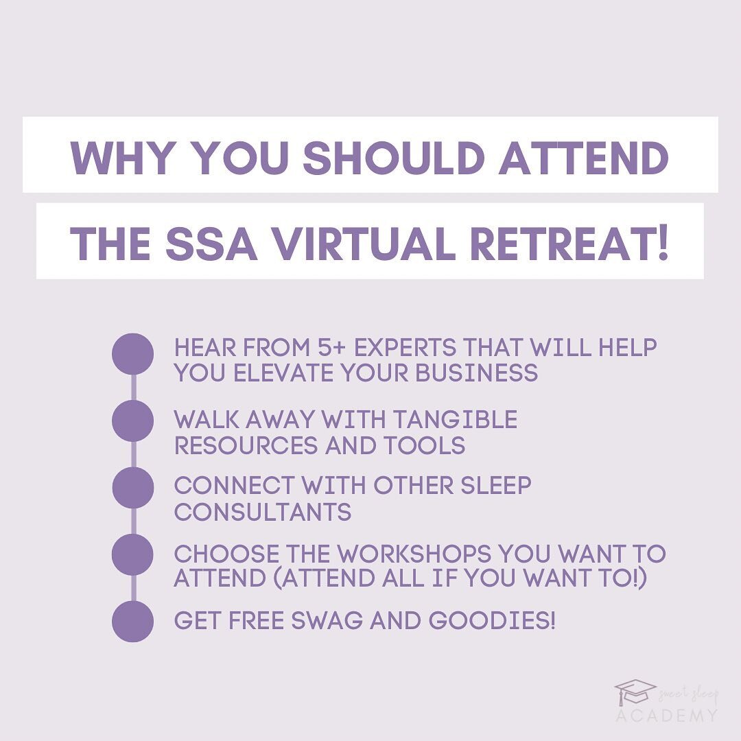 Friends, I truly believe that if you are a sleep consultant, you need to attend the virtual retreat this month!! 

Why?? 

👉🏻Not because we need your business, but because we put this event together to help YOU grow and elevate your business!! 

👉
