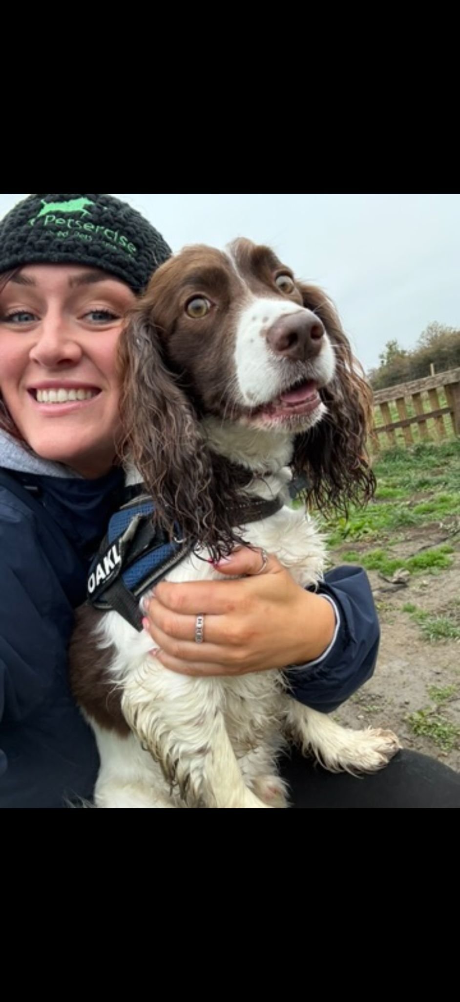 A woman in a wet suit swimming in the water with a black dog carrying a green toy in its mouth.
