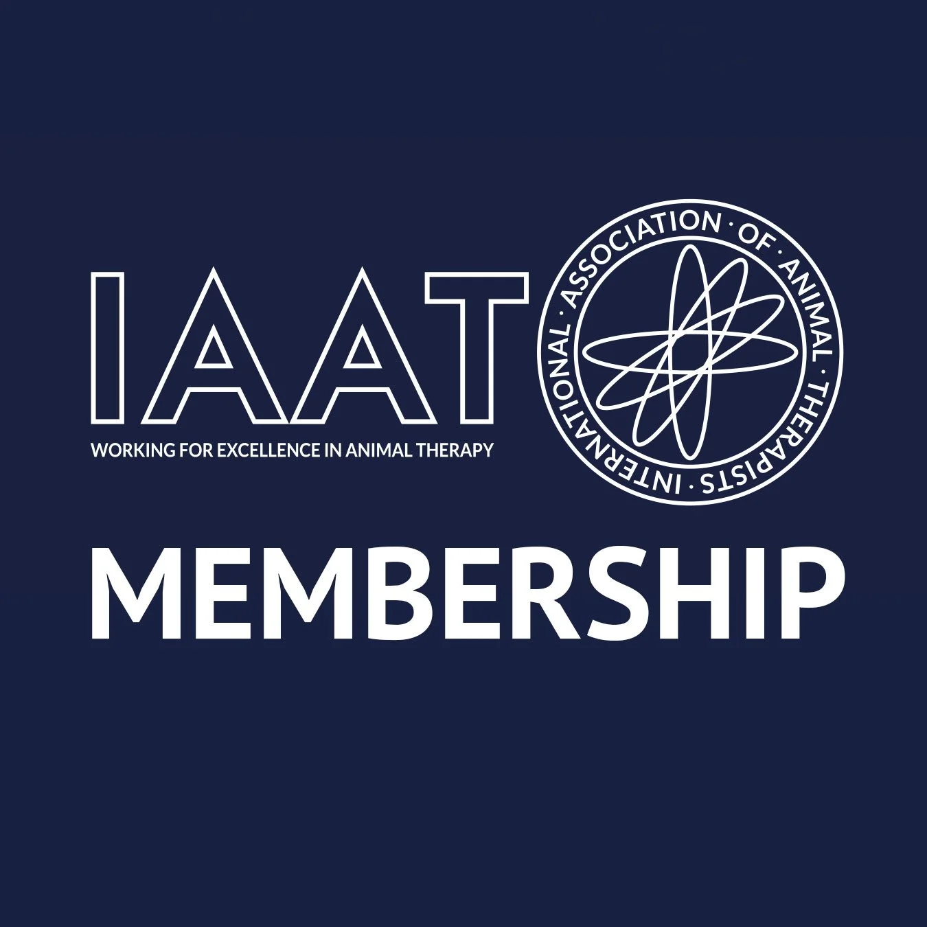 IATA membership logo with the text 'Working for excellence in animal therapy' and an IATA seal, on a dark blue background.