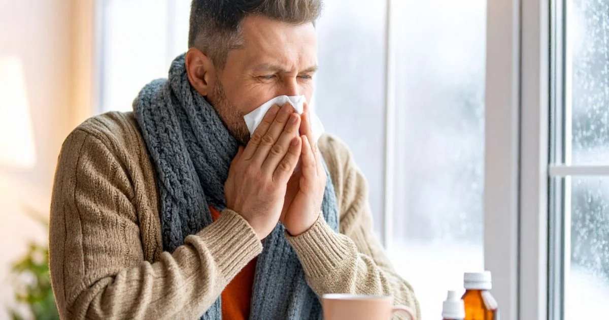 man blowing his nose next to a window