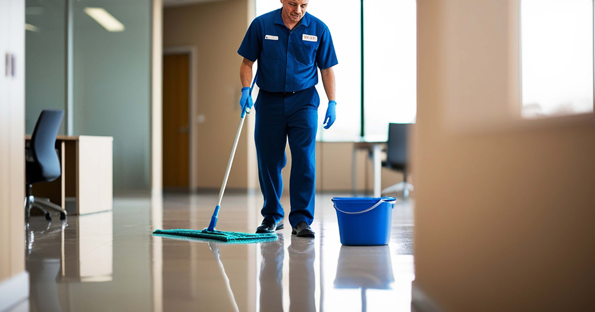 janitor cleaning the floor in an office