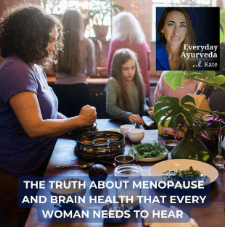 A woman in a purple shirt teaching a class on menopause and brain health, with students seated around a table, and a cover image of a woman with long dark hair next to a plant.