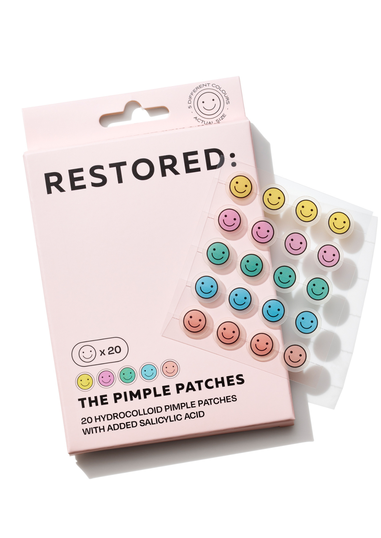 The best restored skincare super cute smiley face pimple patches for acne prone skin. Get rid of blemishes and breakouts with hydrocolloid and 1% salicylic acid.