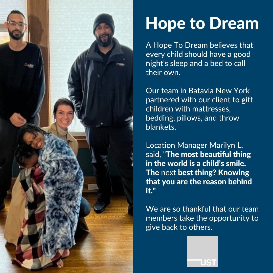 A Hope To Dream believes that every child should have a good night's sleep and a bed to call their own.

Our team in Batavia, New York, partnered with our client to gift children with mattresses, bedding, pillows, and throw blankets. 

Location Manag