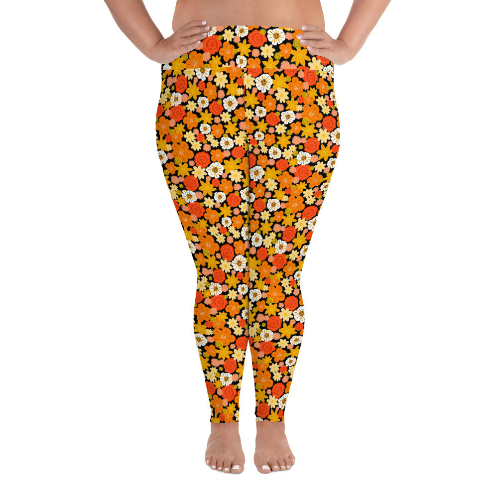 Colorful Retro Orange Print Women's Plus Size Leggings — Curious