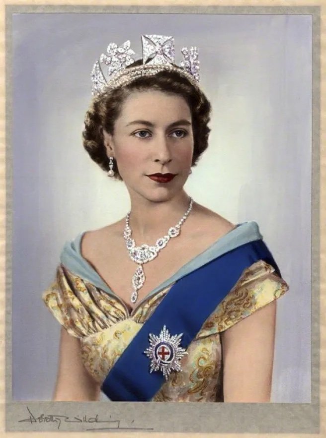 Queen Elizabeth II, by Dorothy Wilding (hand-colored by Beatrice Johnson), 1952
