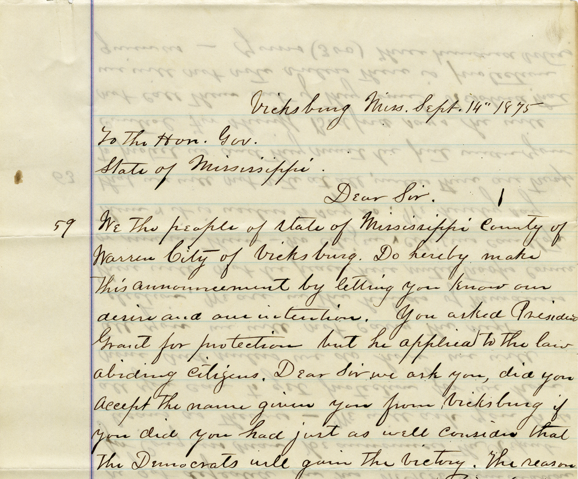 Screen capture of a handwritten letter from Mississippi citizens asking for the governor to protect freedpeople.