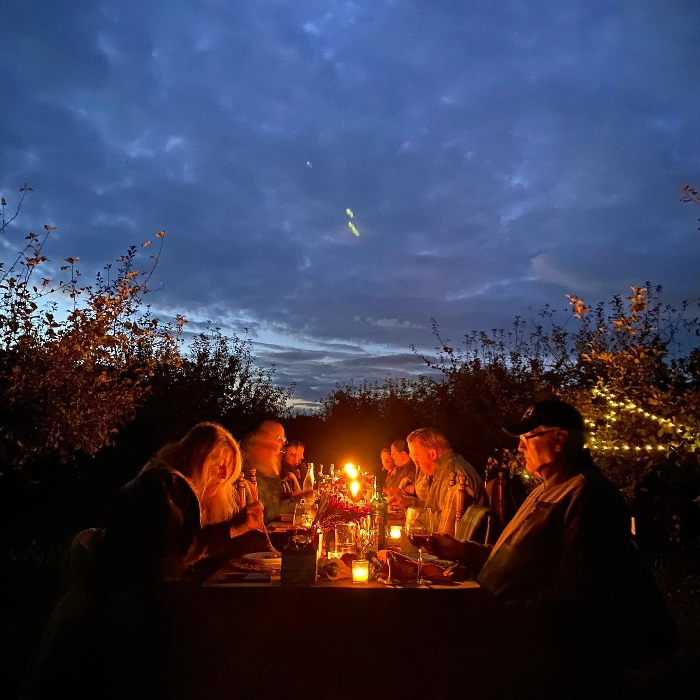 People dining outdoors at night around a candlelit table in a garden with a dark, cloudy sky overhead.
