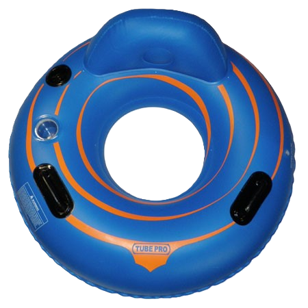 A blue inflatable tube with orange accents, labeled 'Tube Pro,' designed for water use, featuring a built-in seat and multiple air valves.