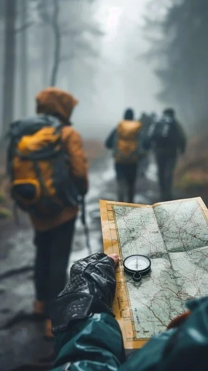 Hiker holding a map and compass in a foggy forest with a group of hikers in the background.
