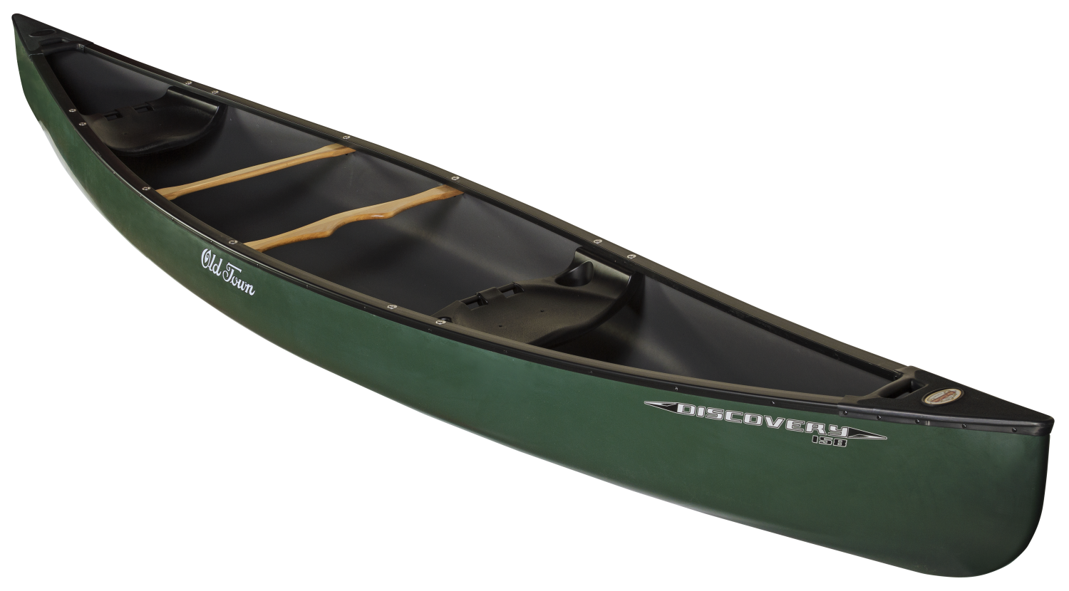Green Old Town Discovery 158 sit-on-top kayak with two wooden paddles inside.