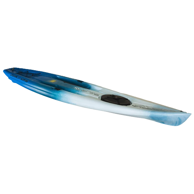 Blue and white kayak with a black seat and bungee cords