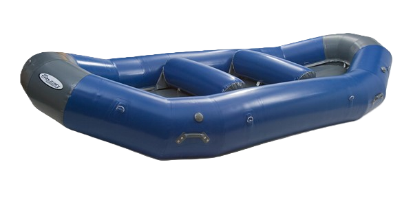 Blue inflatable boat with gray accents and multiple seats.