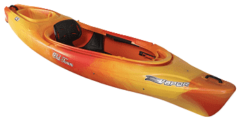 Orange and yellow kayak with black seat and storage area.