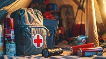 First aid kit, flashlight, and empty cans inside a tent.