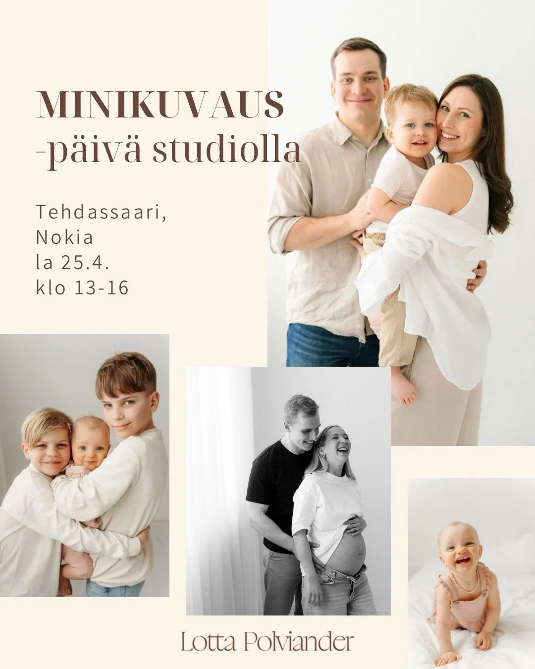 MINIKUVAUS studiolla 25.4. 💖

Tervetuloa minikuvausp&auml;iv&auml;&auml;n studiolleni Tehdassaareen Nokialle lauantaina 25.4.

Minikuvaus on matalan kynnyksen kuvaushetki, jossa voimme ottaa kuvia 
juuri t&auml;m&auml;n hetken tarpeen mukaan.

Kuvau