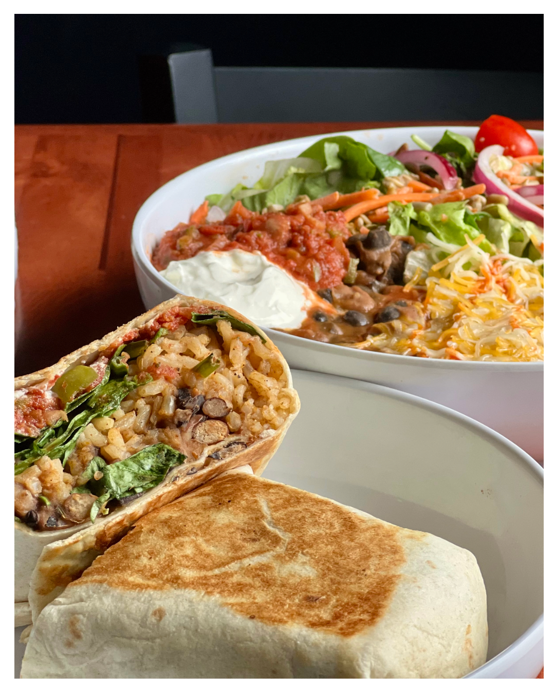 Vegetarian burrito and burrito bowl at Labyrinth Press Company in Jamestown, New York