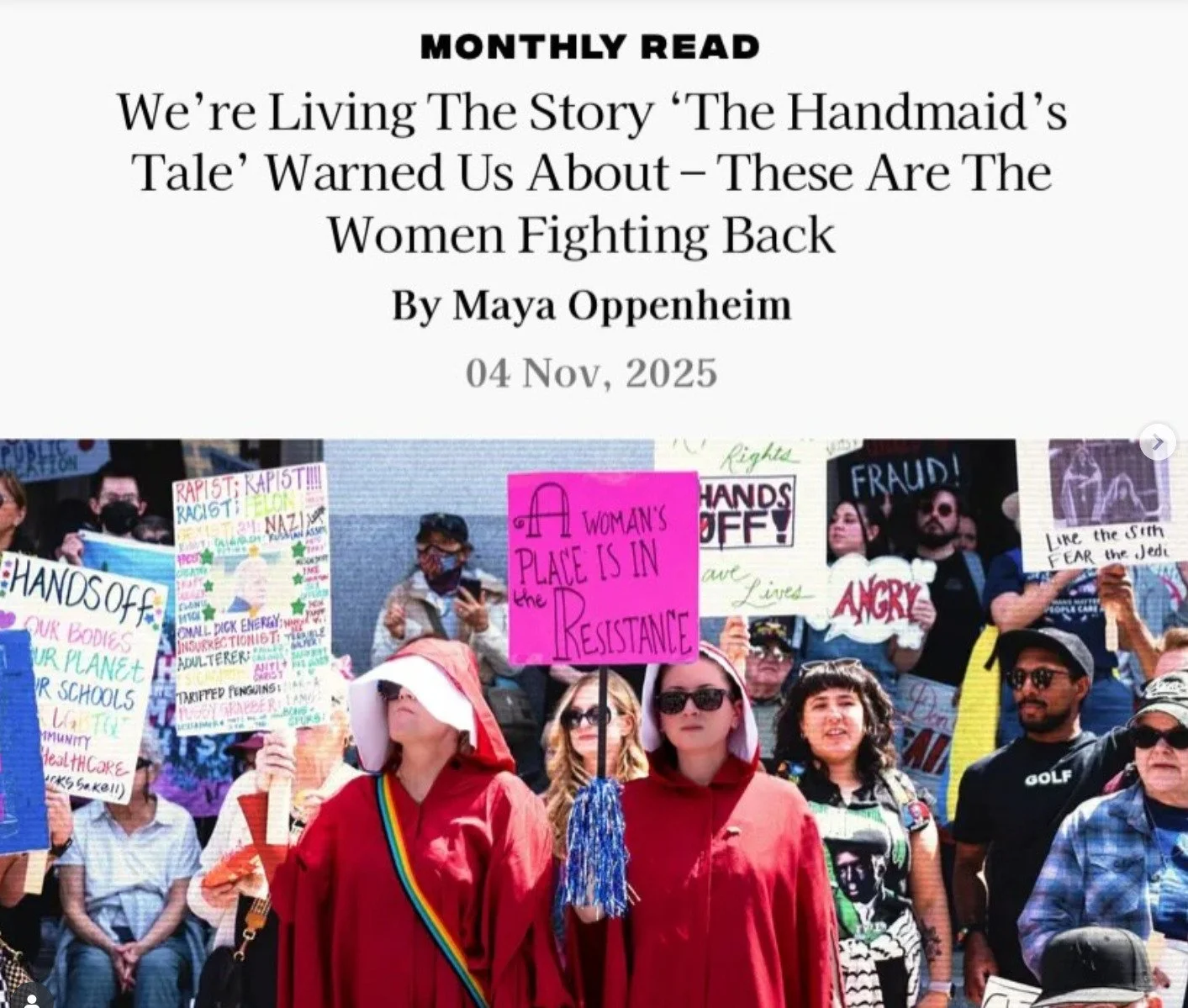 Head to @service95 to read @maya_oppenheim piece exploring the grim parallels between the The Handmaid&rsquo;s Tale and the world we are living in. Among the 5 activists mentioned as leading the fight for reproductive justice globally is our very own