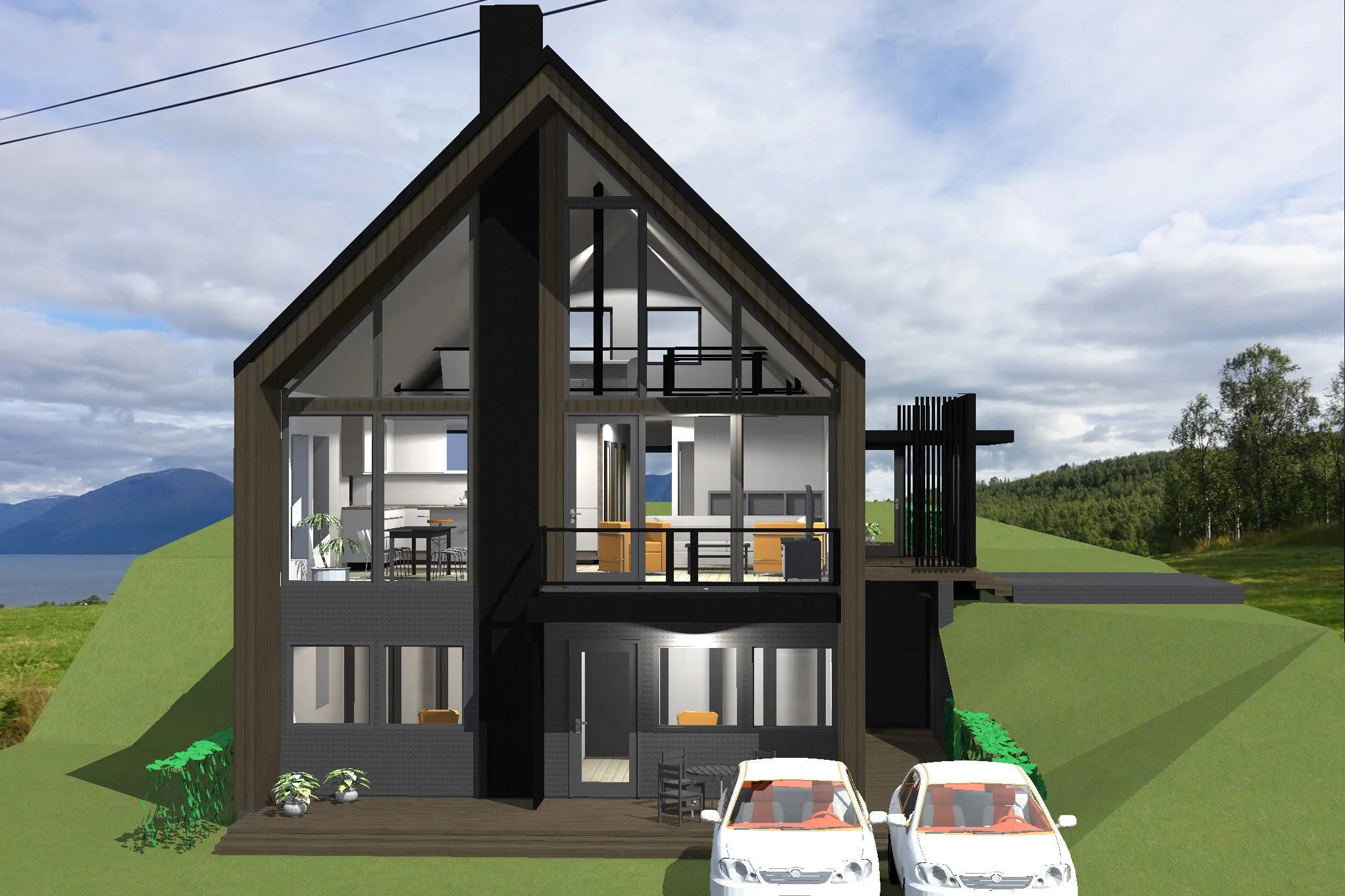 Aatriumiga Eramu eskiis Ramfjordbotnis, projekteerimine ja 3D